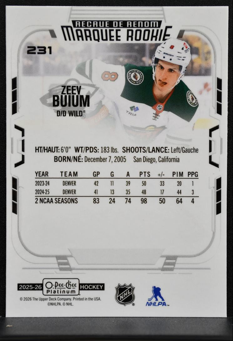 2025-26 O-Pee-Chee Platinum Marquee Rookie Zeev Buium 231 Minnesota Wild RC 8593