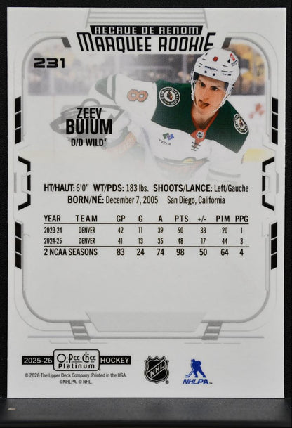 2025-26 O-Pee-Chee Platinum Marquee Rookie Zeev Buium 231 Minnesota Wild RC 8593