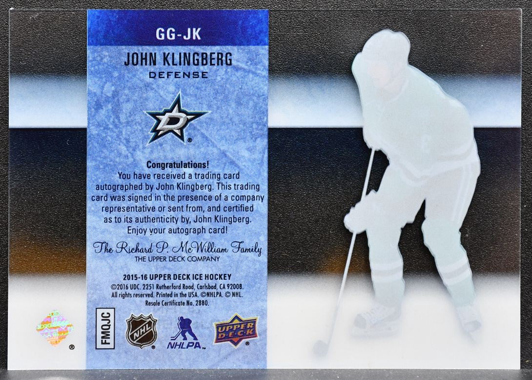 2015-16 Upper Deck Ice Glacial Graphs Autograph John Klingberg Stars Auto 7172