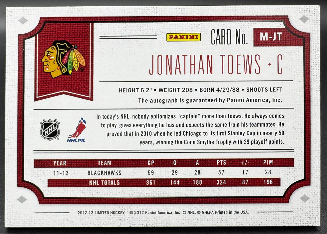 Carte autographiée Jonathan Toews M-JT des Blackhawks de Chicago, édition limitée Panini 2012-13, numéro 49