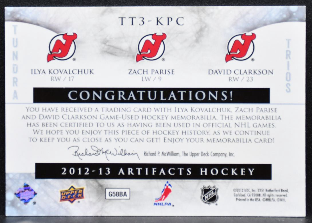 2012-13 UD Artifacts Tundra Trios Blue Kovalchuk/Parise/Clarkson Jersey 5337