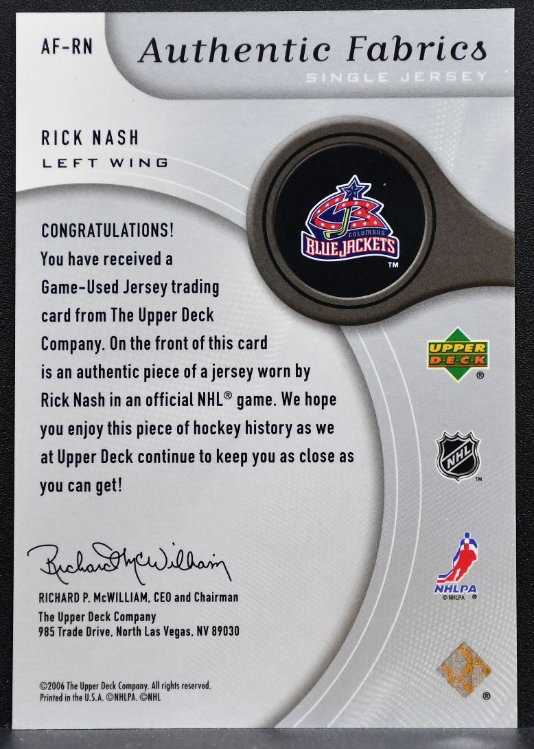 2006-07 SP Game Used Authentic Fabrics Rick Nash AF-RN Jackets Jersey 9954