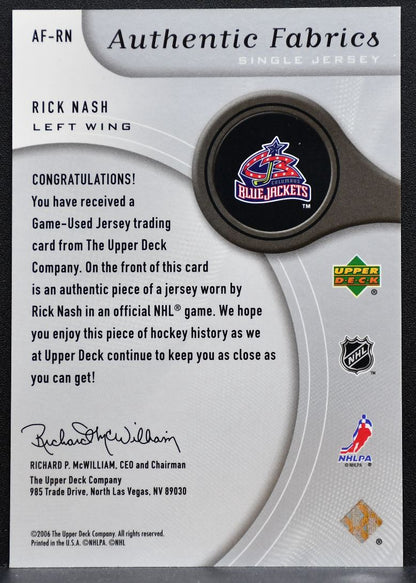 2006-07 SP Game Used Authentic Fabrics Rick Nash AF-RN Jackets Jersey 9954