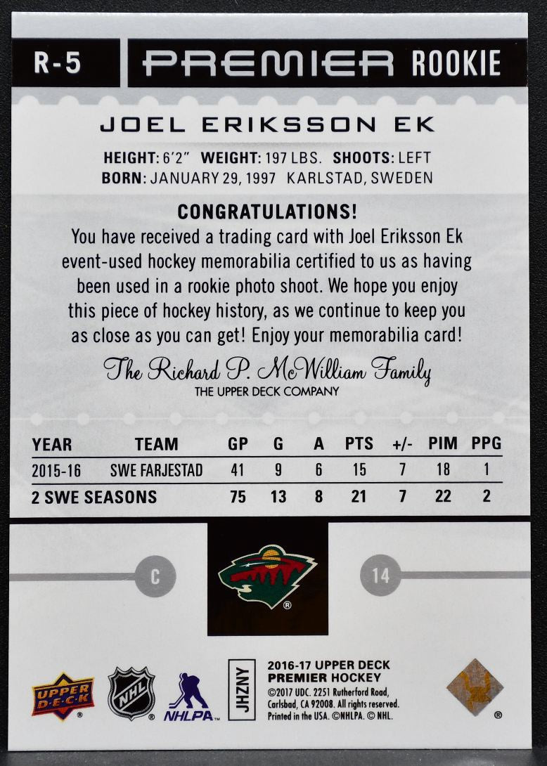 2016-17 Upper Deck Premier Rookie Joel Eriksson Ek Minnesota Wild RC Jersey 4904