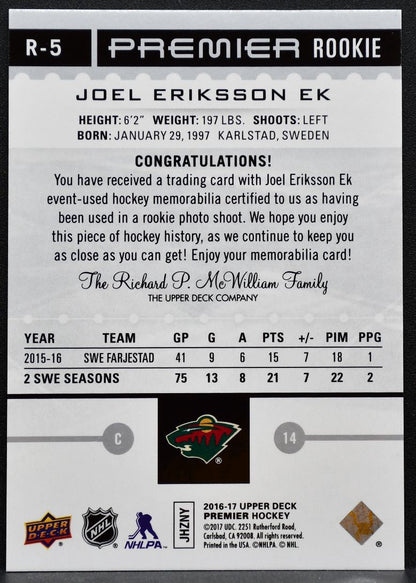 2016-17 Upper Deck Premier Rookie Joel Eriksson Ek Minnesota Wild RC Jersey 4904