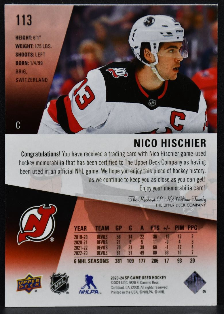2023-24 SP Game Used Jersey Nico Hischier 113 New Jersey Devils Jersey 3132