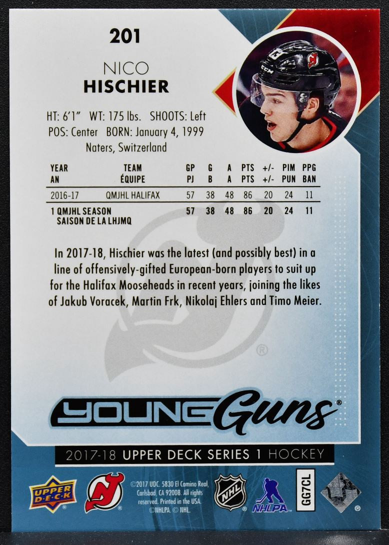 2017-18 Upper Deck Series 1 Young Guns Nico Hischier 201 RC 8036