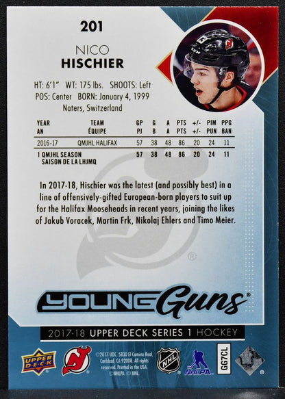 2017-18 Upper Deck Series 1 Young Guns Nico Hischier 201 RC 8036