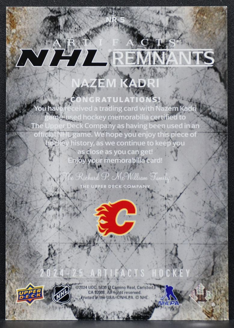 2024-25 UD Artifacts NHL Remnants Nazem Kadri NR-5 Calgary Flames RC Jersey 7857