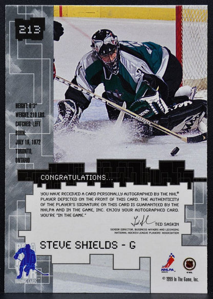 1999-100 In The Game Millenium Series Gold Steve Shields 213 Sharks Auto 8645