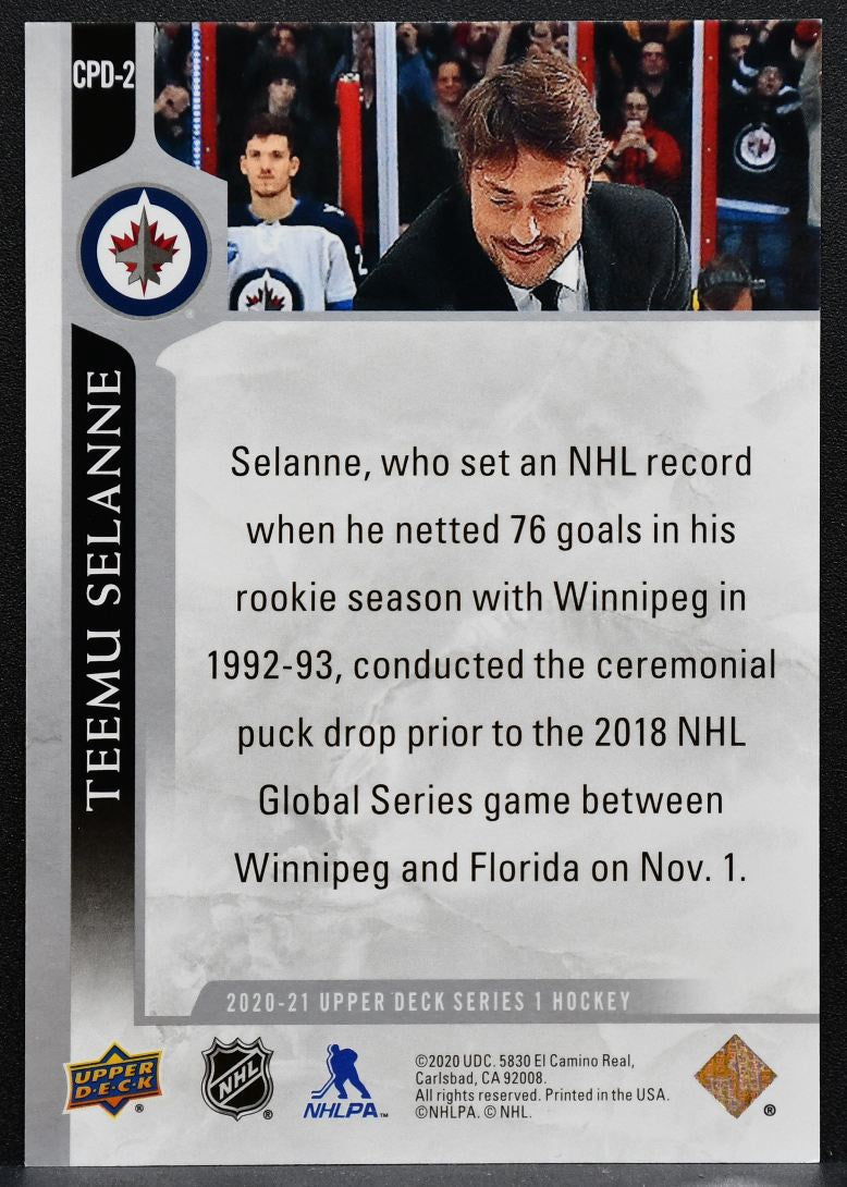 2020-21 Upper Deck Series 1 Ceremonial Puck Drop Teemu Selanne CPD-2 Jets 8952