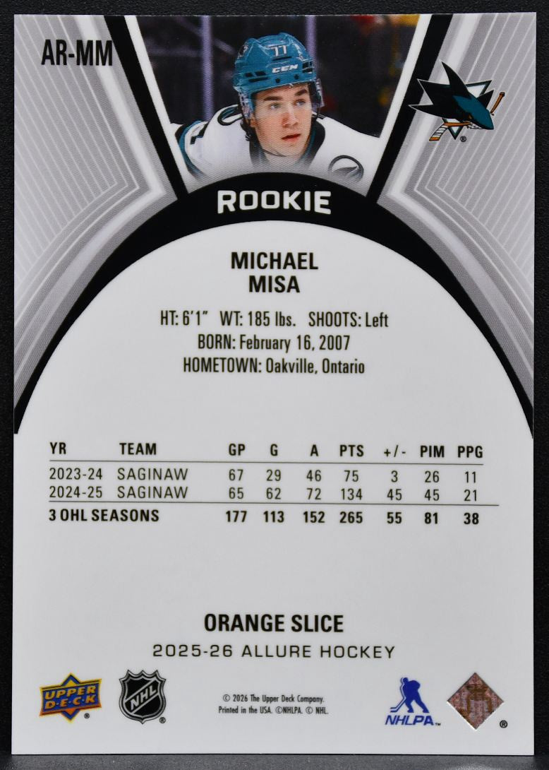 2025-26 Upper Deck Allure Rookie Orange Slice Michael Misa AR-MM Sharks RC 4476