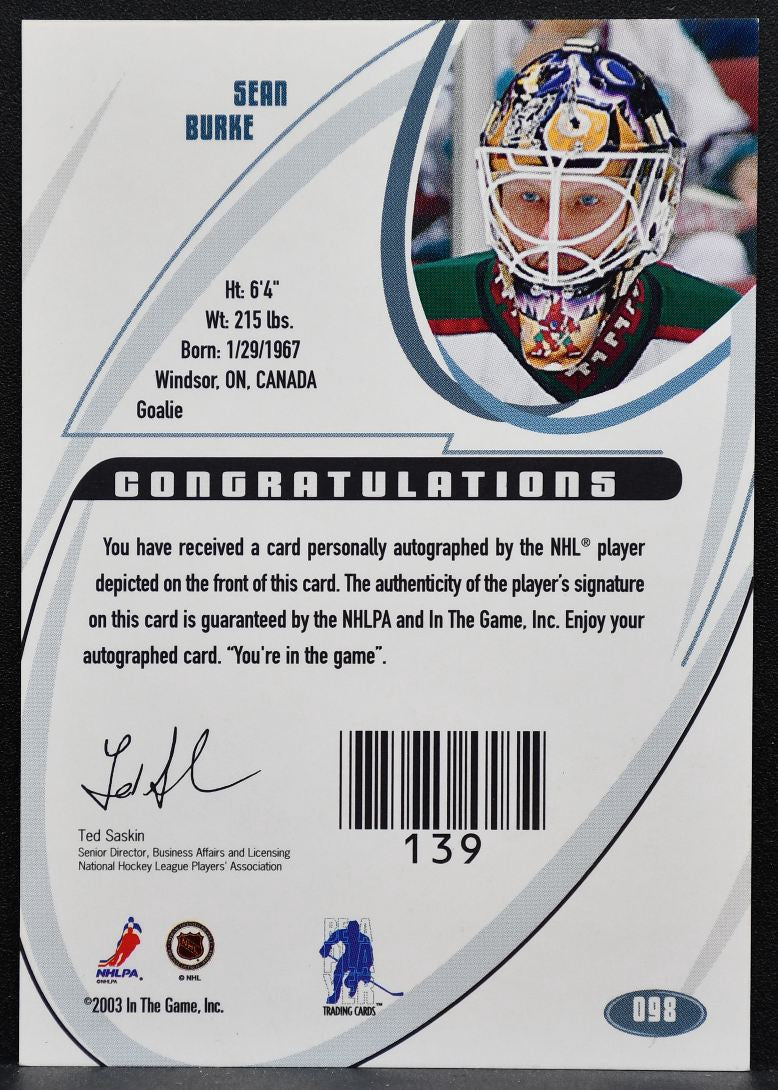 2002-03 In The Game Signature Auto Sean Burke 098 Phoenix Coyotes Auto 2770