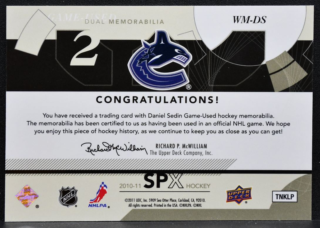 2010-11 SPx Winning Materials Daniel Sedin WM-DS Vancouver Canucks Jersey 4688