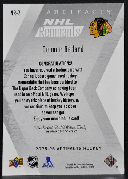 2025-26 UD Artifacts NHL Remnants Connor Bedard NR-7 Chicago Blackhawks Jersey 4329