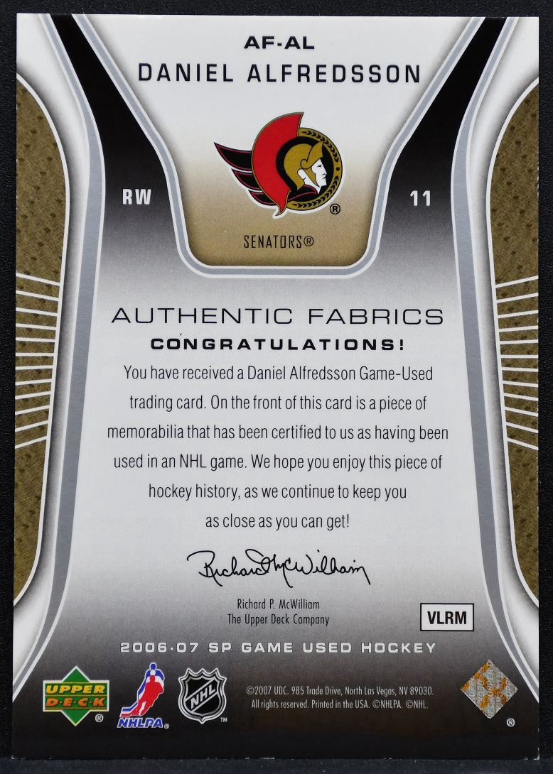 2006-07 SP Game Used Authentic Fabrics Daniel Alfredsson Senators Jersey 8087