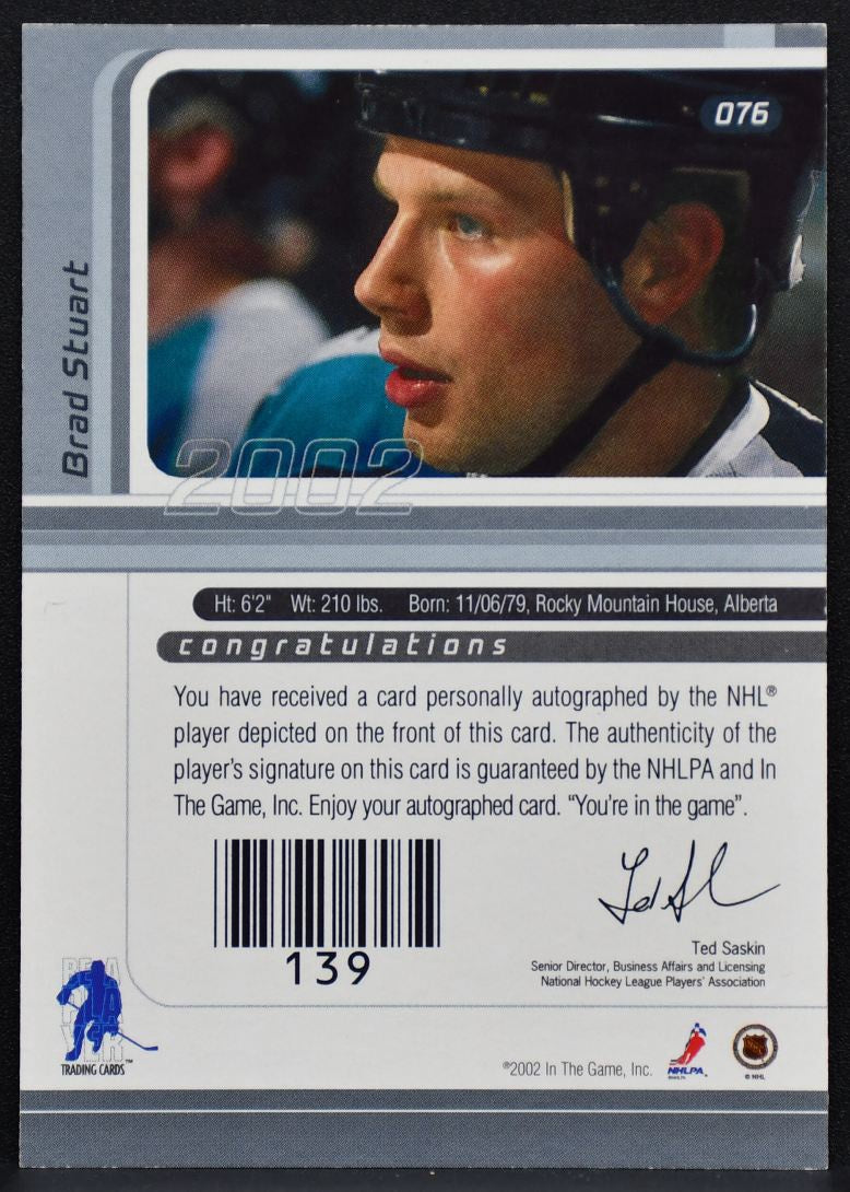 2002-03 Be a Player Series Vault Stamped Brad Stuart 076 Sharks Auto 7334
