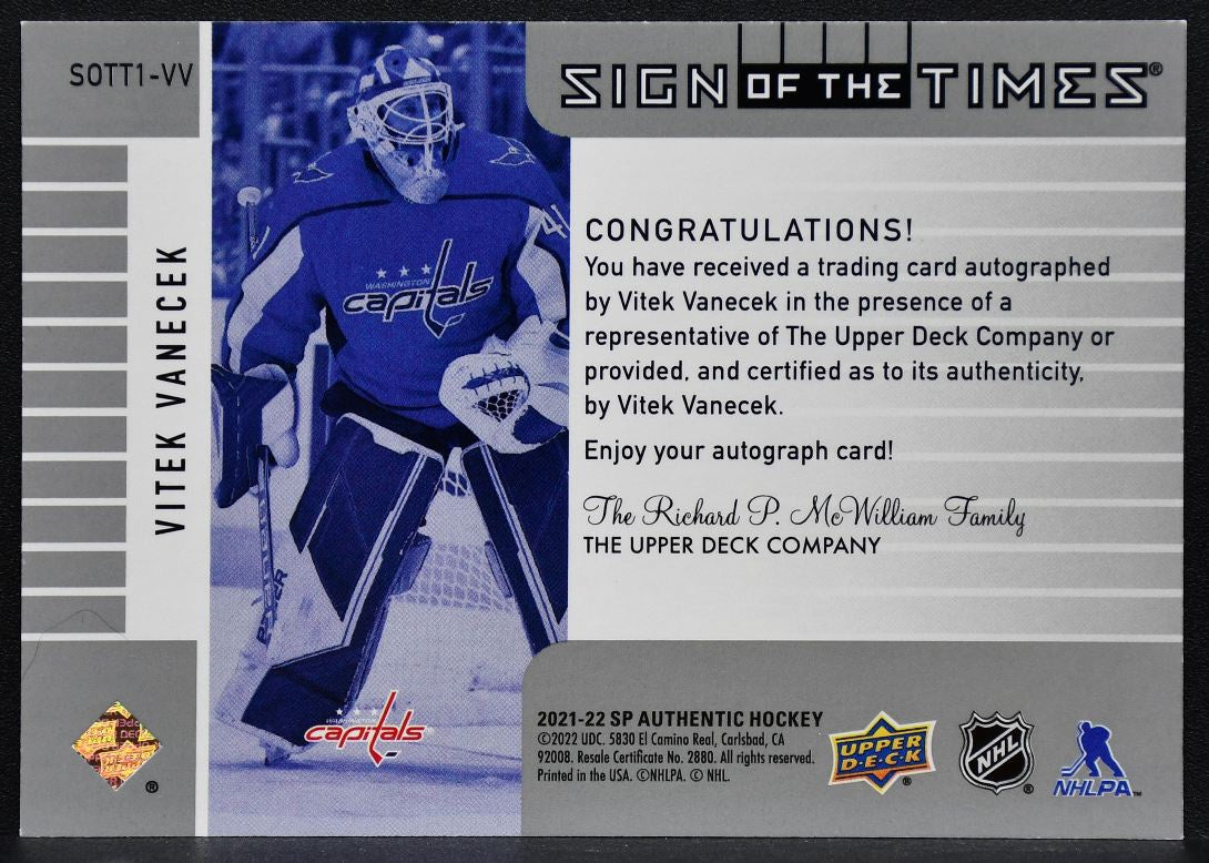 2021-22 SP Authentic 2001-02 Retro Times Vanecek SOTT1-VV Capitals Auto 2155