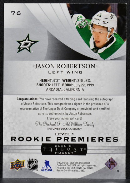 2020-21 UD Trilogy Rookie Premieres Auto Lvl1 Jason Robertson Stars RC Auto 7238