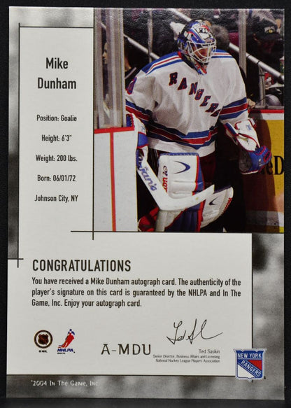 2003-04 In The Game Used Signature Series Mike Dunham A-MDU Rangers Auto 9765