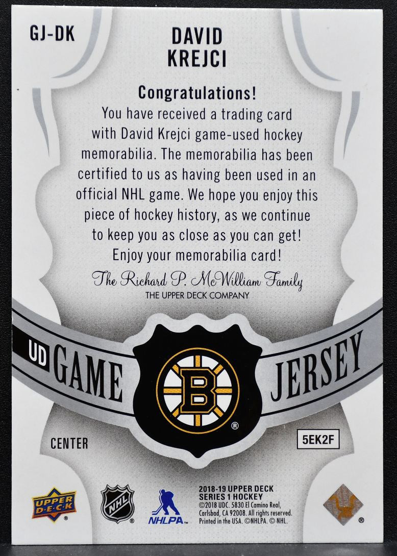 2018-19 Upper Deck Series 1 UD Game Jersey David Krejci GJ-DK Bruins Jersey 9914