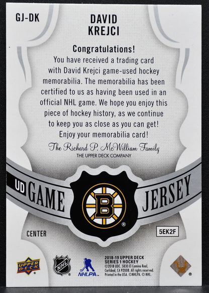 2018-19 Upper Deck Series 1 UD Game Jersey David Krejci GJ-DK Bruins Jersey 9914
