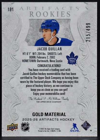 2025-26 Upper Deck Artifacts Gold Material Jacob Quillan 181 RC Jersey 2965