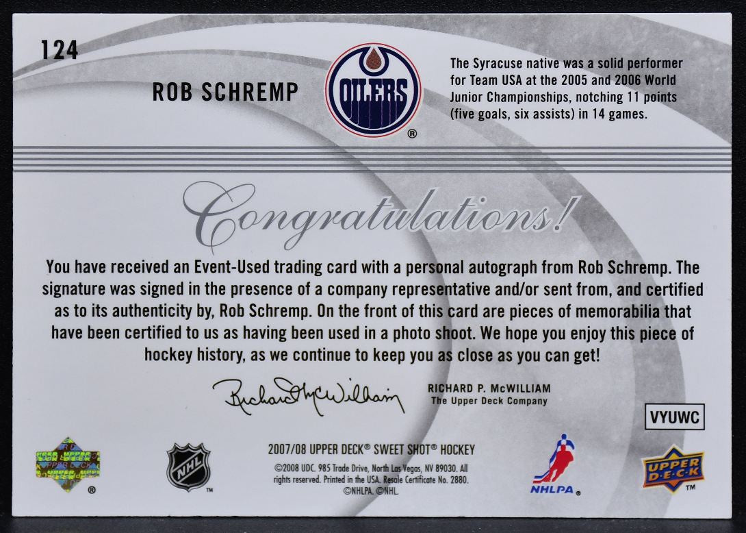 2007-08 UD Sweet Shot Beginnings  Schremp 124 Oilers RC Auto 085/100 Jersey 6559