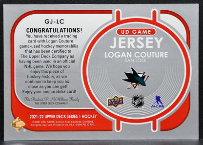 2021-22 UD Series 1 UD Game Jersey Logan Couture GJ-LC Sharks Jersey 2461