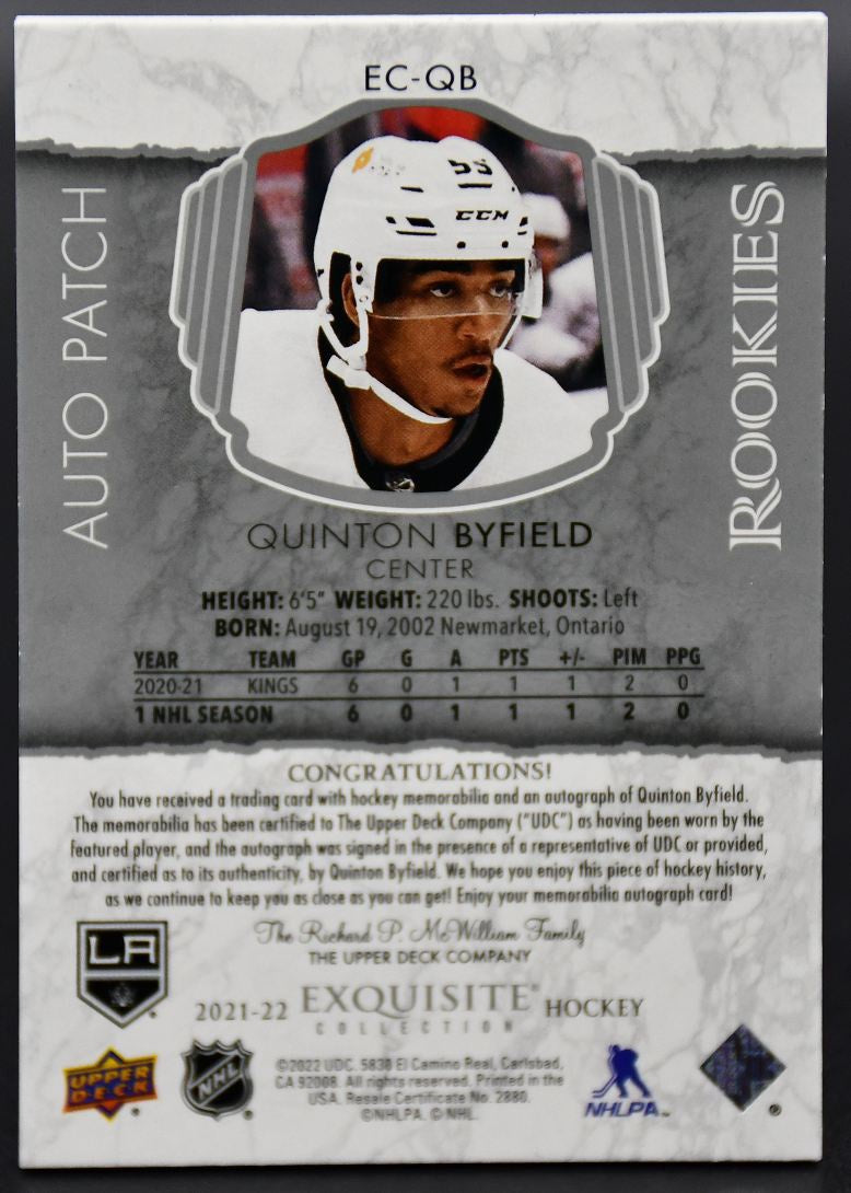 2021-22 UD The Cup Byfield EC-QB Los Angeles Kings RC Auto 18/55 Patch
