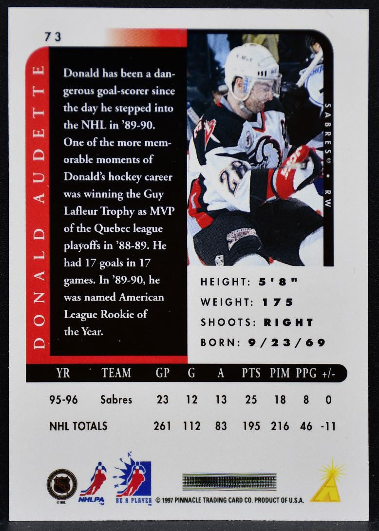 1996-97 Pinnacle Be a Player Autographs Donald Audette 73 Sabres Auto 6016