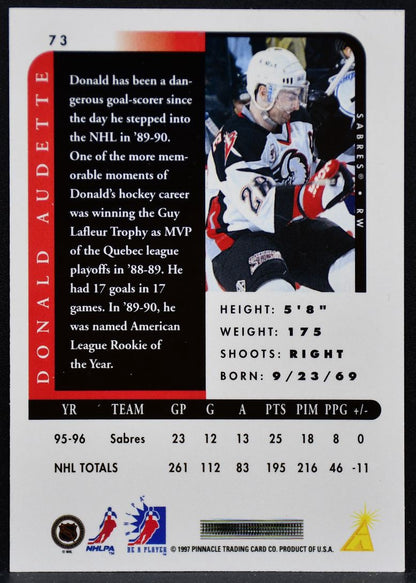 1996-97 Pinnacle Be a Player Autographs Donald Audette 73 Sabres Auto 6016