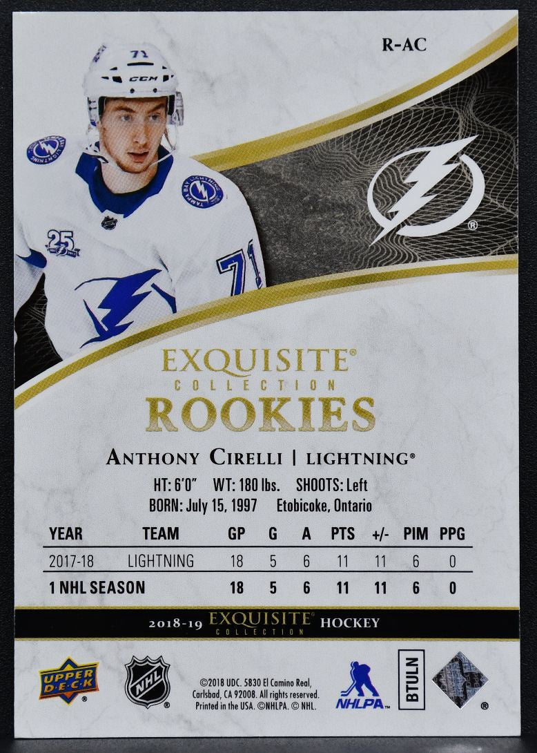 18-19 UD Black Diamond Exquisite Collection RCs Anthony Cirelli Lightning RC /71 5289