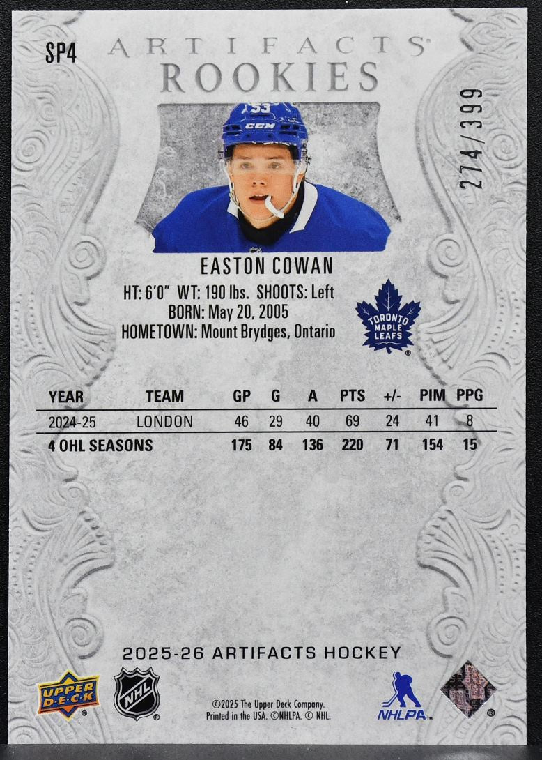 2025-26 Upper Deck Artifacts SP Photo Variants Redemptions Easton Cowan RC 6315