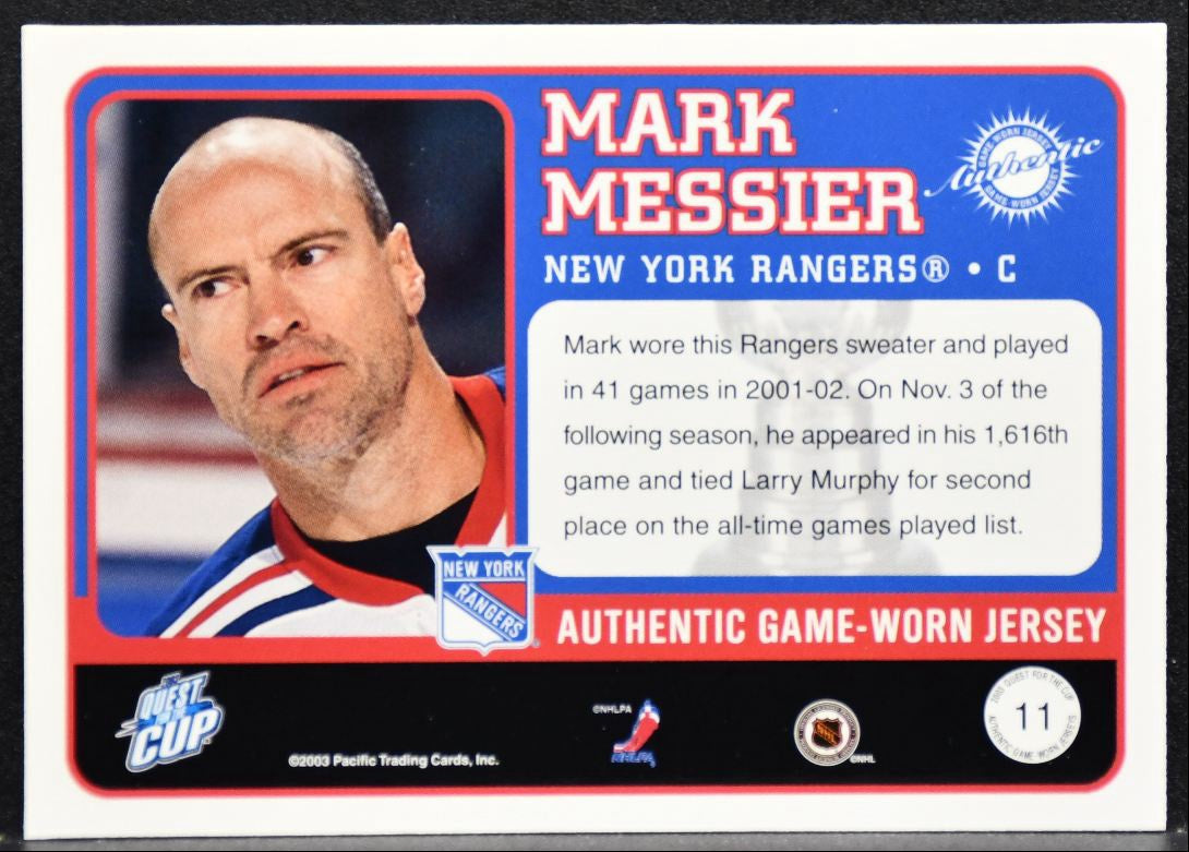 2002-03 Pacific Quest for the Cup Jerseys Mark Messier 11 Rangers Jersey 1786