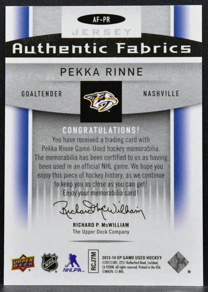 2013-14 SP Game Used Authentic Fabrics Pekka Rinne AF-PR Predators Jersey 2310