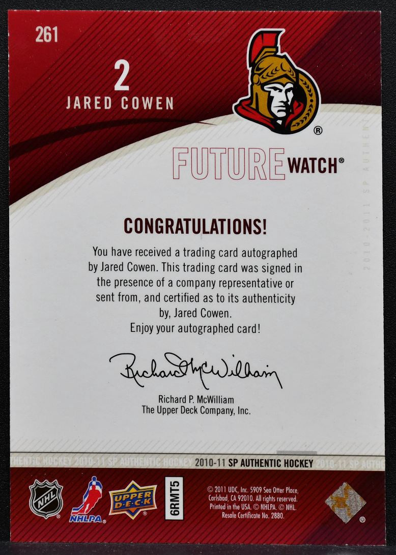 2010-11 SP Authentic Future Watch Auto Jared Cowen Senators RC Auto 528/999 2824
