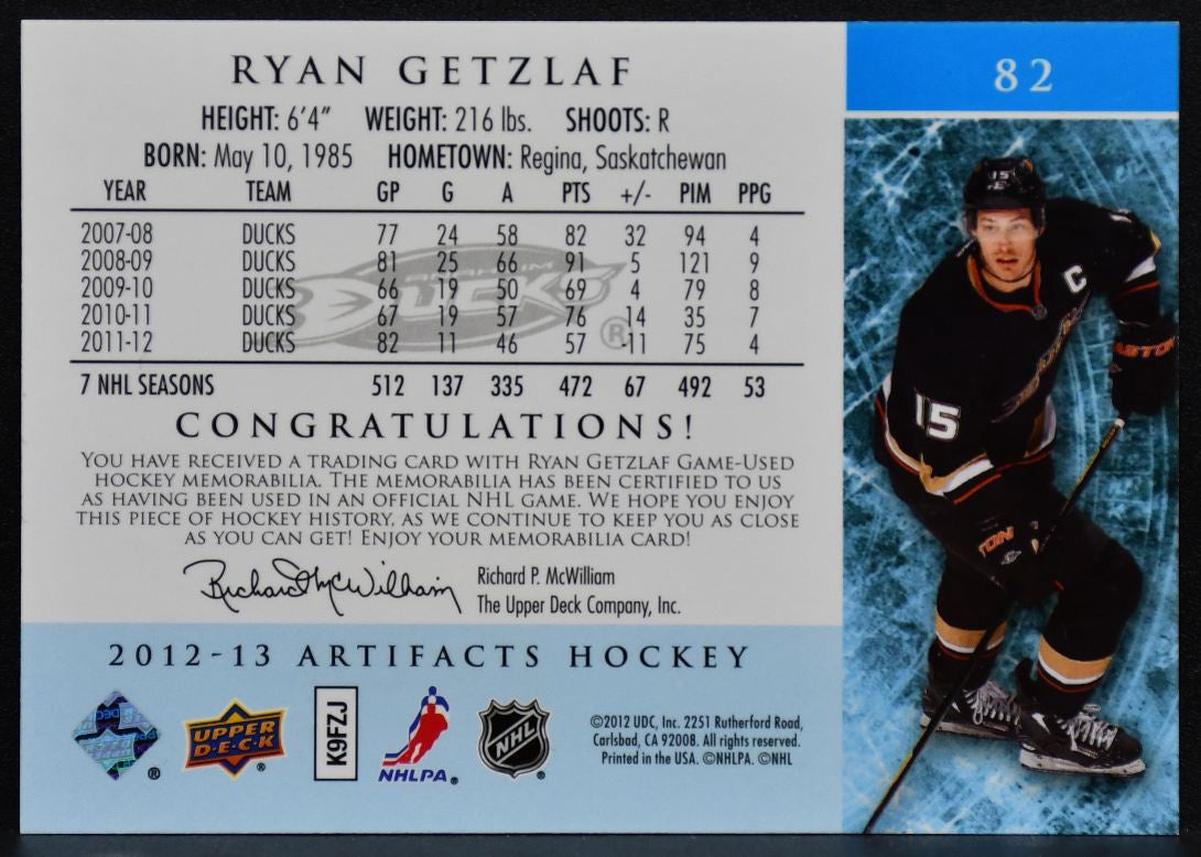 2012-13 Upper Deck Artifacts Jerseys Ryan Getzlaf 82 Ducks 018/125 Jersey 3534