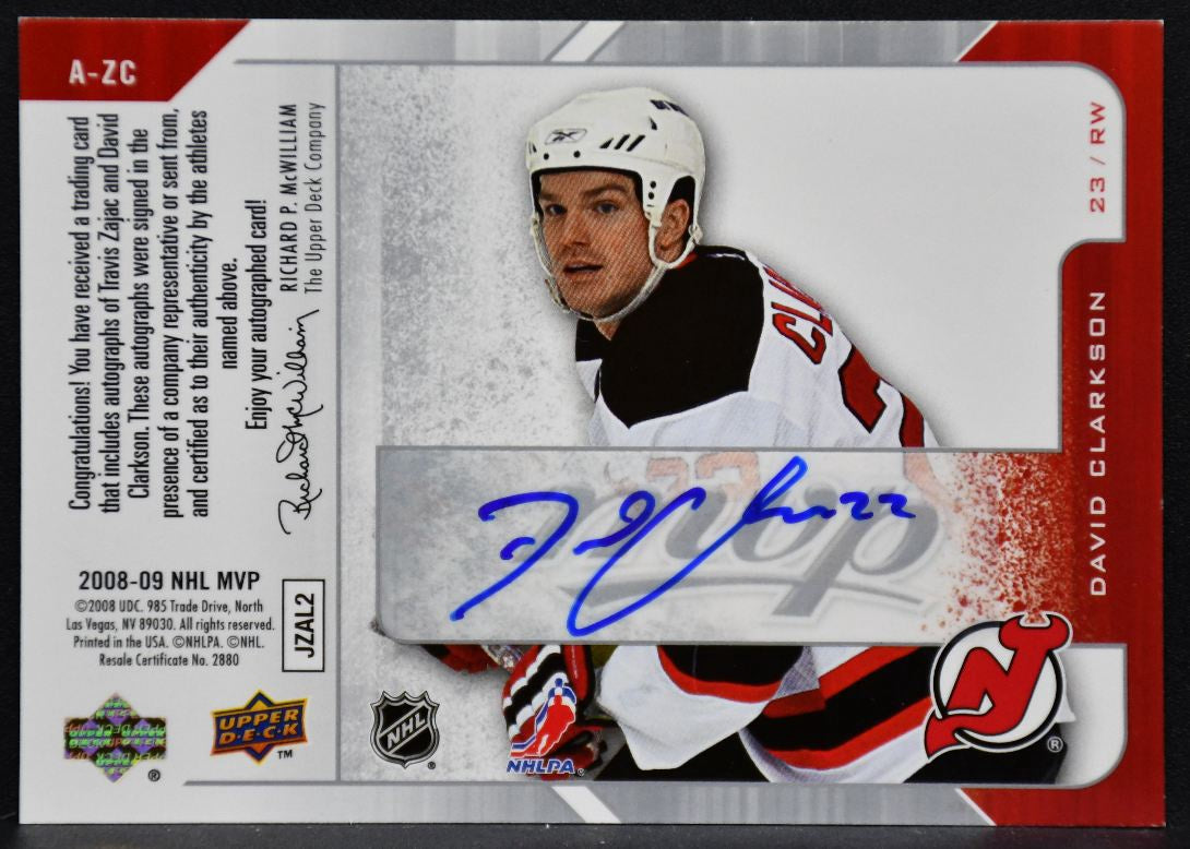 2008-09 UD MVP One on One Autographs Travis Zajac/David Clarkson Auto 1067