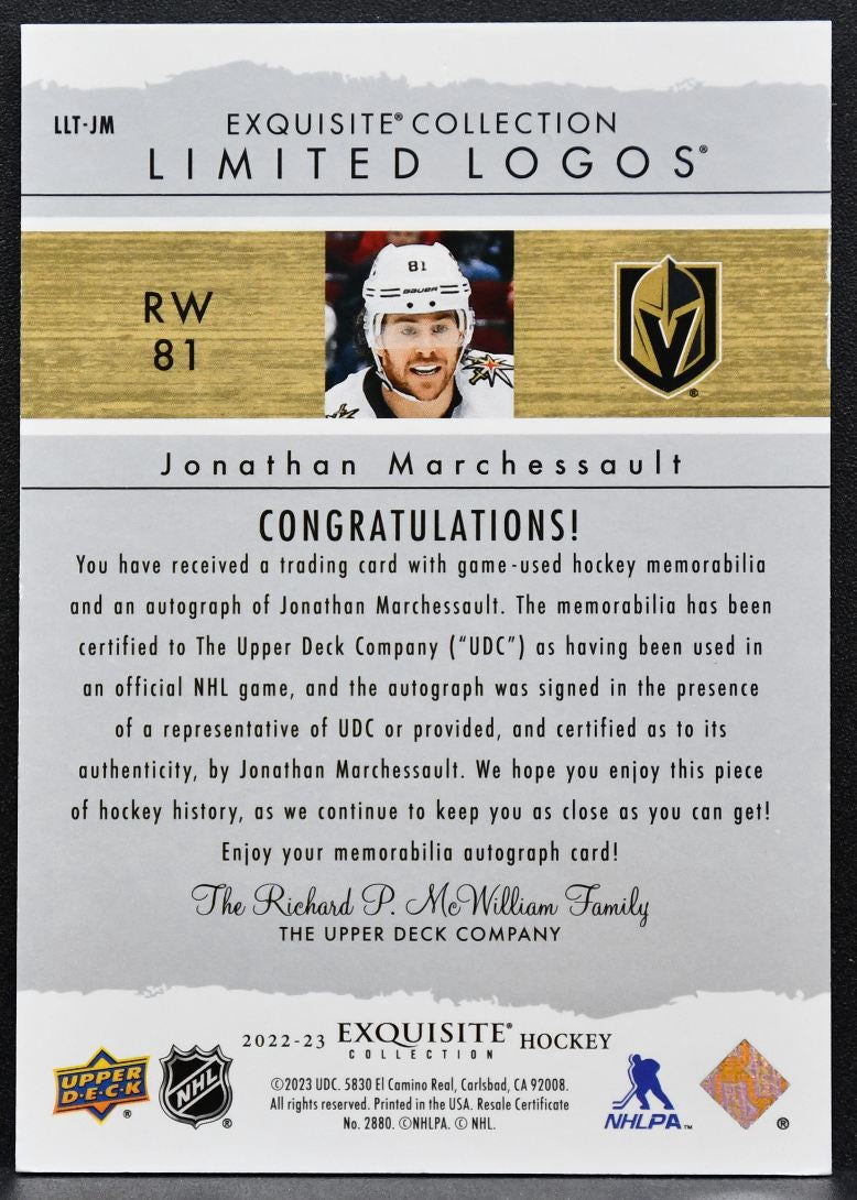2022-23 UD Exquisite Collection Limited Logos Marchessault Auto Patch 5664