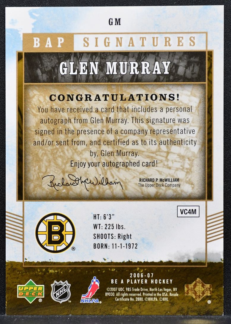 2006-07 Be A Player Signatures Glen Murray GM Boston Bruins Auto 1115