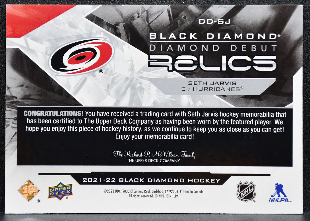 2021-22 UD Black Diamond Debut Relics Seth Jarvis Hurricanes RC Jersey 3155