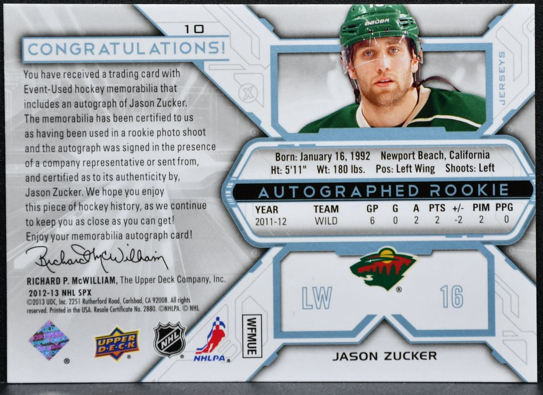 2012-13 SPx Rookie Jersey Auto Jason Zucker 10 RC Auto /275 Jersey 6027