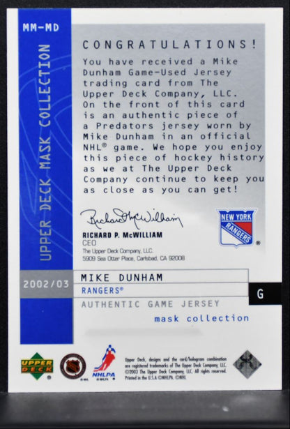 2002-03 UD Mask Collection Masked Marvels Mike Dunham MM-MD Rangers Jersey 3896