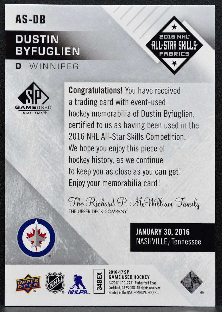 2016-17 SP Game Used 2016 All-Star Skills Fabrics Byfuglien Jets Jersey 4572