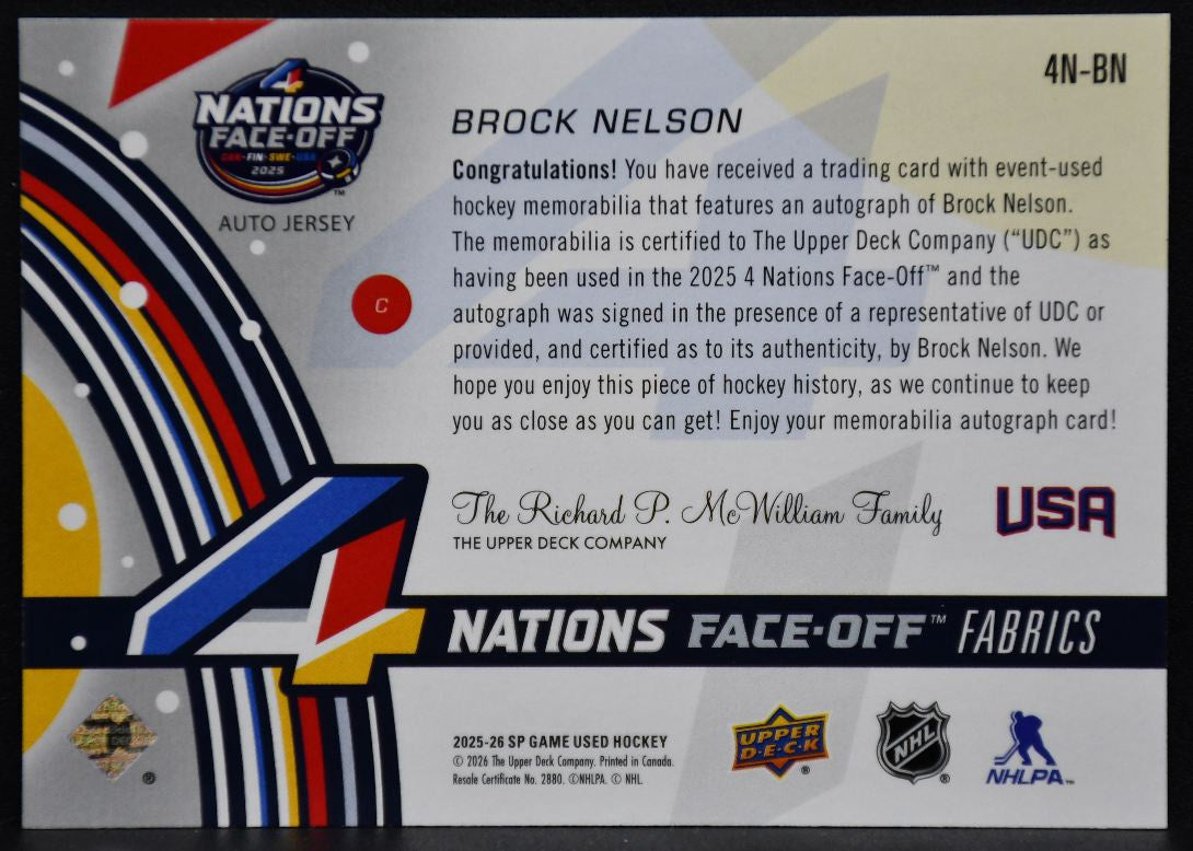 2025-26 SP Game Used 4 Nations Face Off Fabrics Auto Nelson Auto Jersey 0923