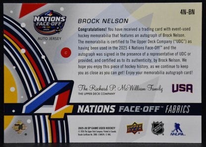 2025-26 SP Game Used 4 Nations Face Off Fabrics Auto Nelson Auto Jersey 0923