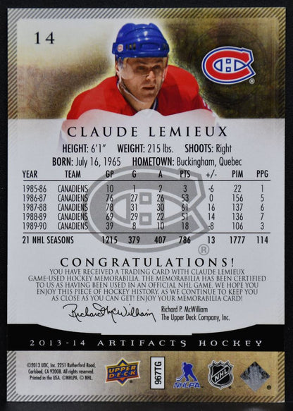 2013-14 UD Artifacts Silver Jersey Claude Lemieux 14 Canadiens 017/125 Jersey 4459
