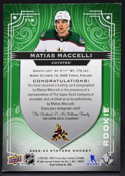 2022-23 UD Stature Rookie Green Matias Maccelli 114 RC Auto 09/20