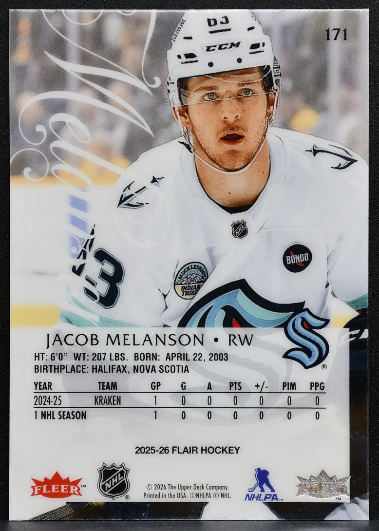 2025-26 Flair Rookie Jacob Melanson 171 Seattle Kraken RC 9973